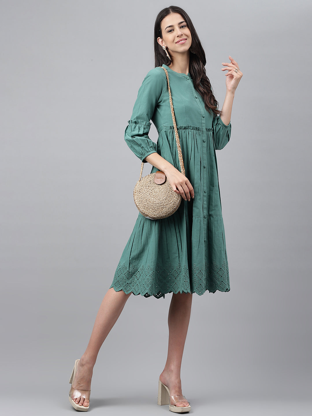 Janasya Women's Green Cotton Schiffli Flared Casual Dress - Distacart