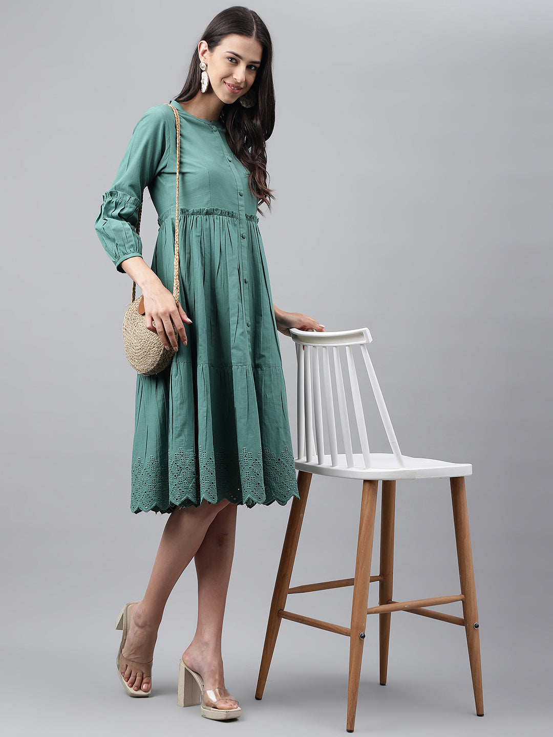 Janasya Women's Green Cotton Schiffli Flared Casual Dress - Distacart