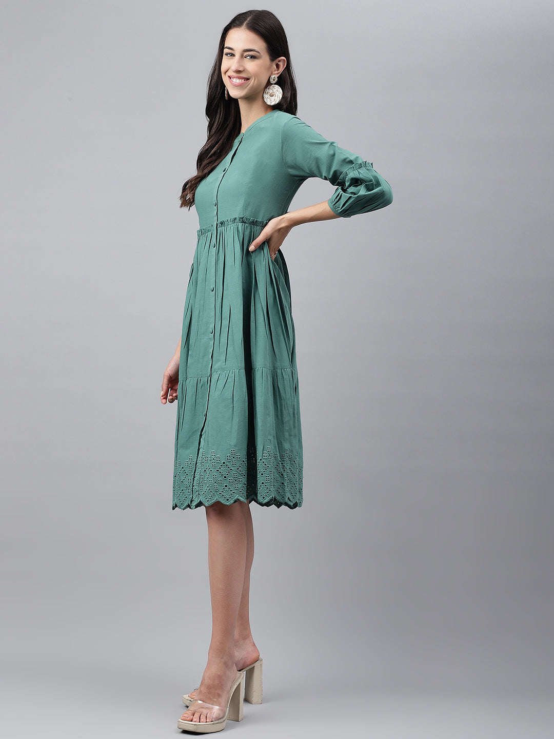 Janasya Women's Green Cotton Schiffli Flared Casual Dress - Distacart