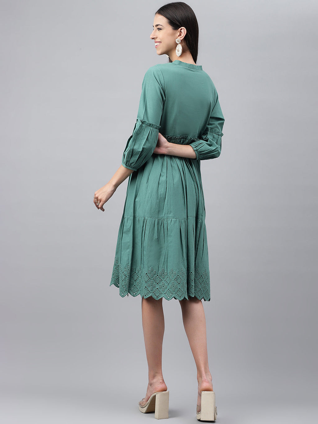 Janasya Women's Green Cotton Schiffli Flared Casual Dress - Distacart