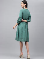 Janasya Women's Green Cotton Schiffli Flared Casual Dress - Distacart