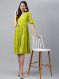 Janasya Women's Lime Green Cotton Schiffli Flared Western Dress