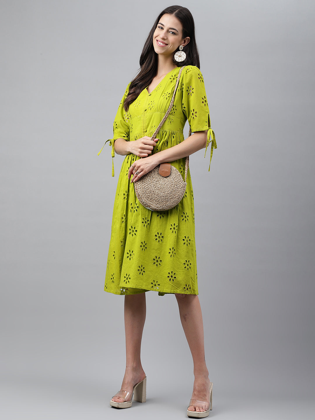 Janasya Women's Lime Green Cotton Schiffli Flared Western Dress