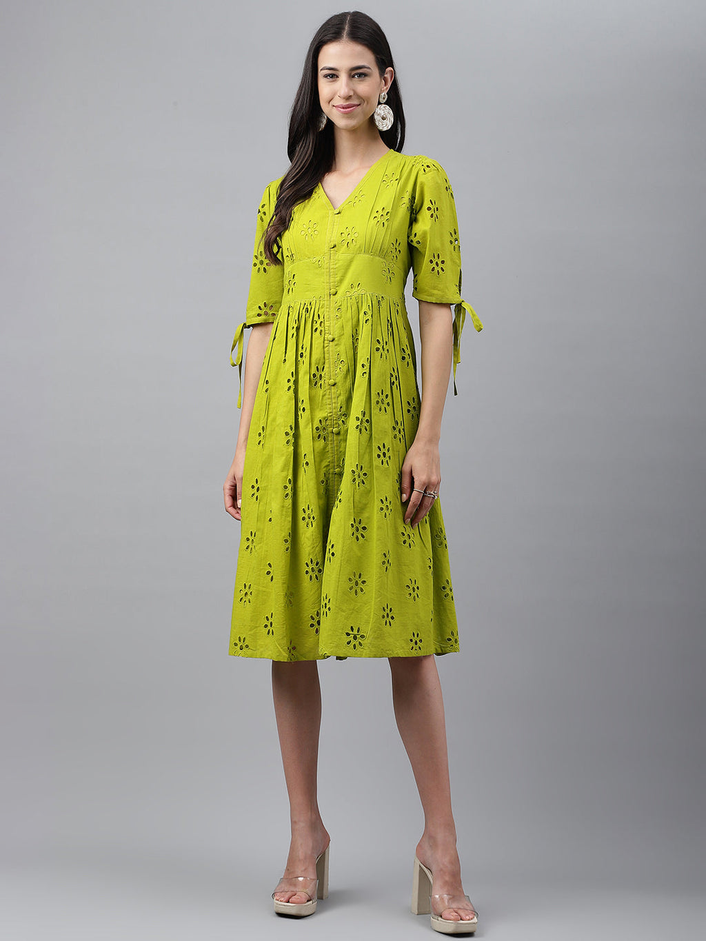 Janasya Women's Lime Green Cotton Schiffli Flared Western Dress
