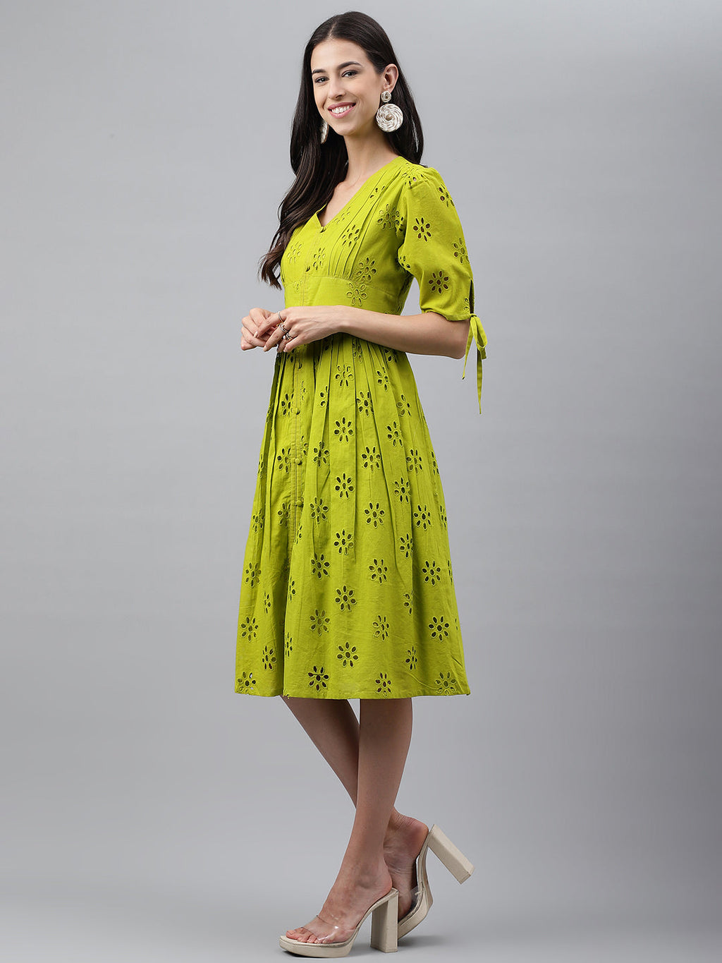 Janasya Women's Lime Green Cotton Schiffli Flared Western Dress