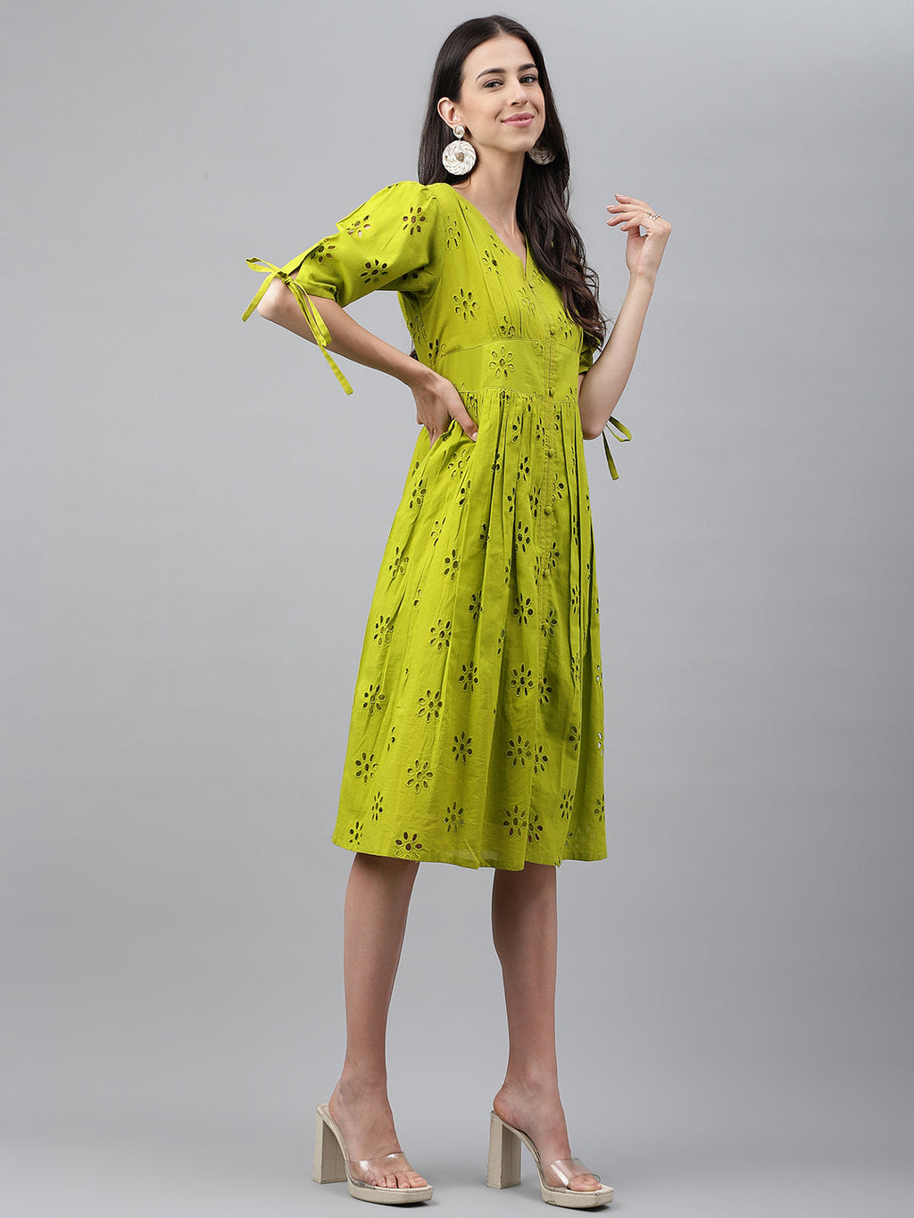 Janasya Women's Lime Green Cotton Schiffli Flared Western Dress