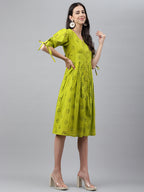 Janasya Women's Lime Green Cotton Schiffli Flared Western Dress