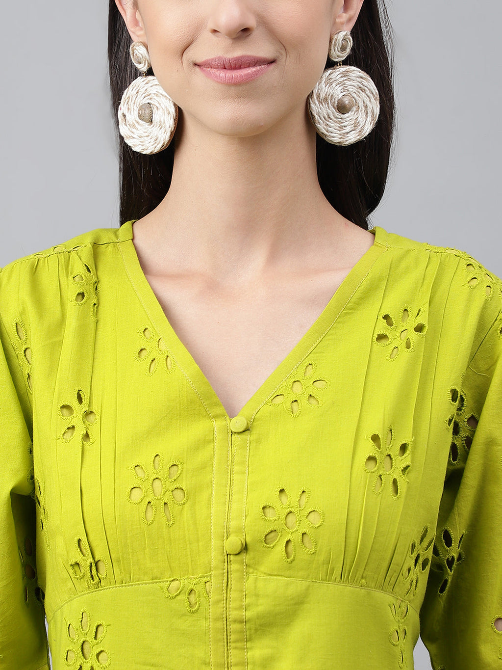 Janasya Women's Lime Green Cotton Schiffli Flared Western Dress