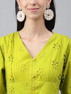 Janasya Women's Lime Green Cotton Schiffli Flared Western Dress