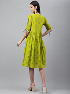 Janasya Women's Lime Green Cotton Schiffli Flared Western Dress