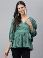 Janasya Women's Green Cotton Schiffli Casual Peplum Top