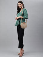 Janasya Women's Green Cotton Schiffli Casual Peplum Top