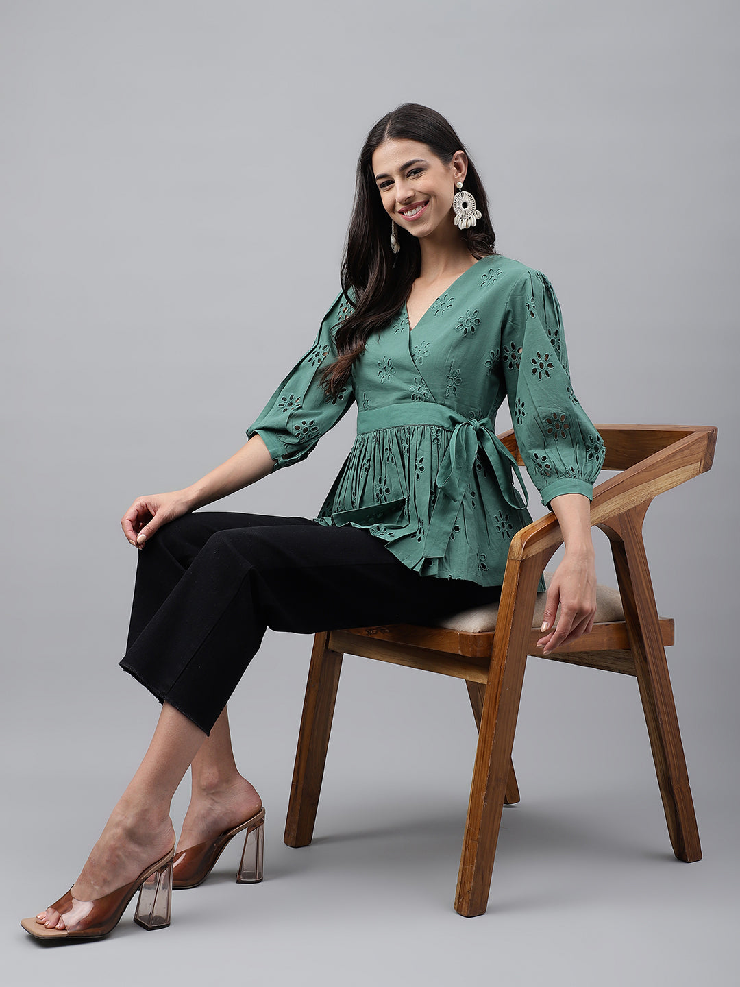 Janasya Women's Green Cotton Schiffli Casual Peplum Top