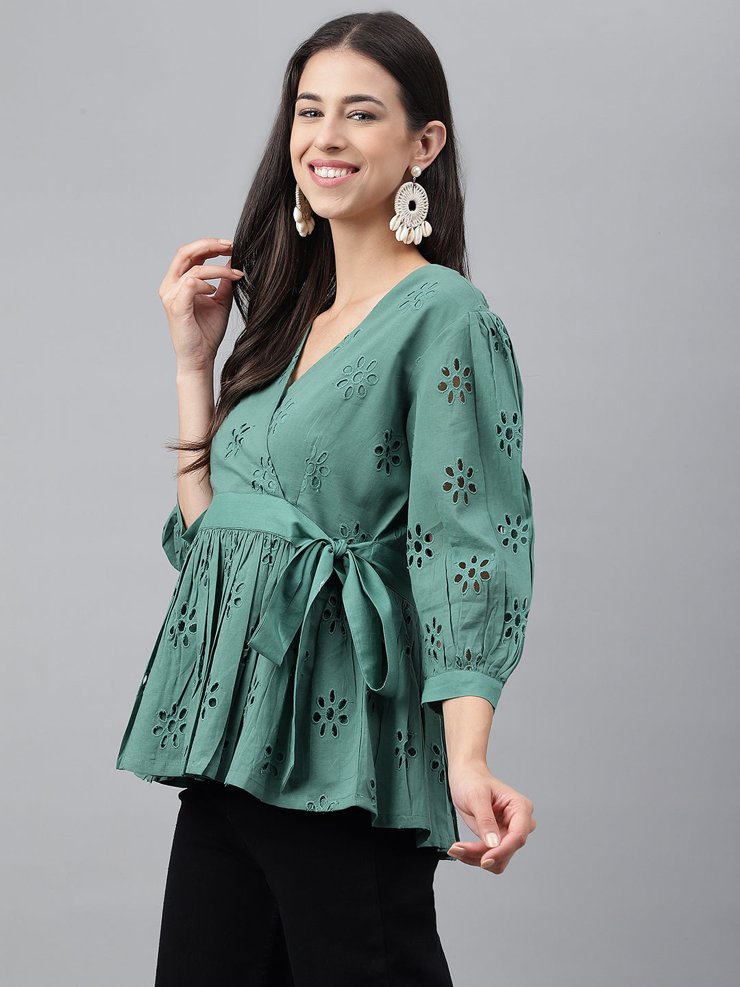 Janasya Women's Green Cotton Schiffli Casual Peplum Top