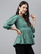 Janasya Women's Green Cotton Schiffli Casual Peplum Top
