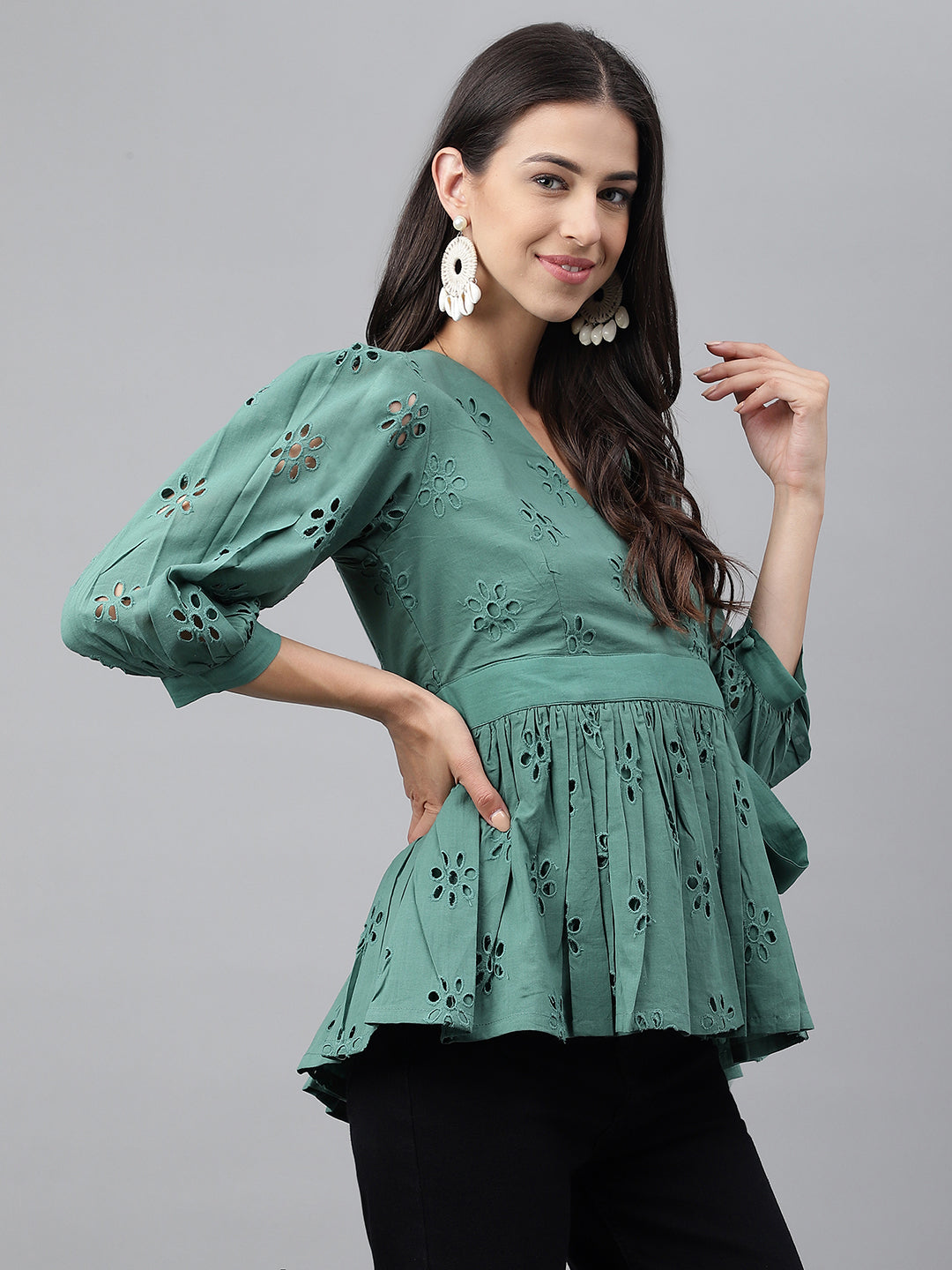 Janasya Women's Green Cotton Schiffli Casual Peplum Top
