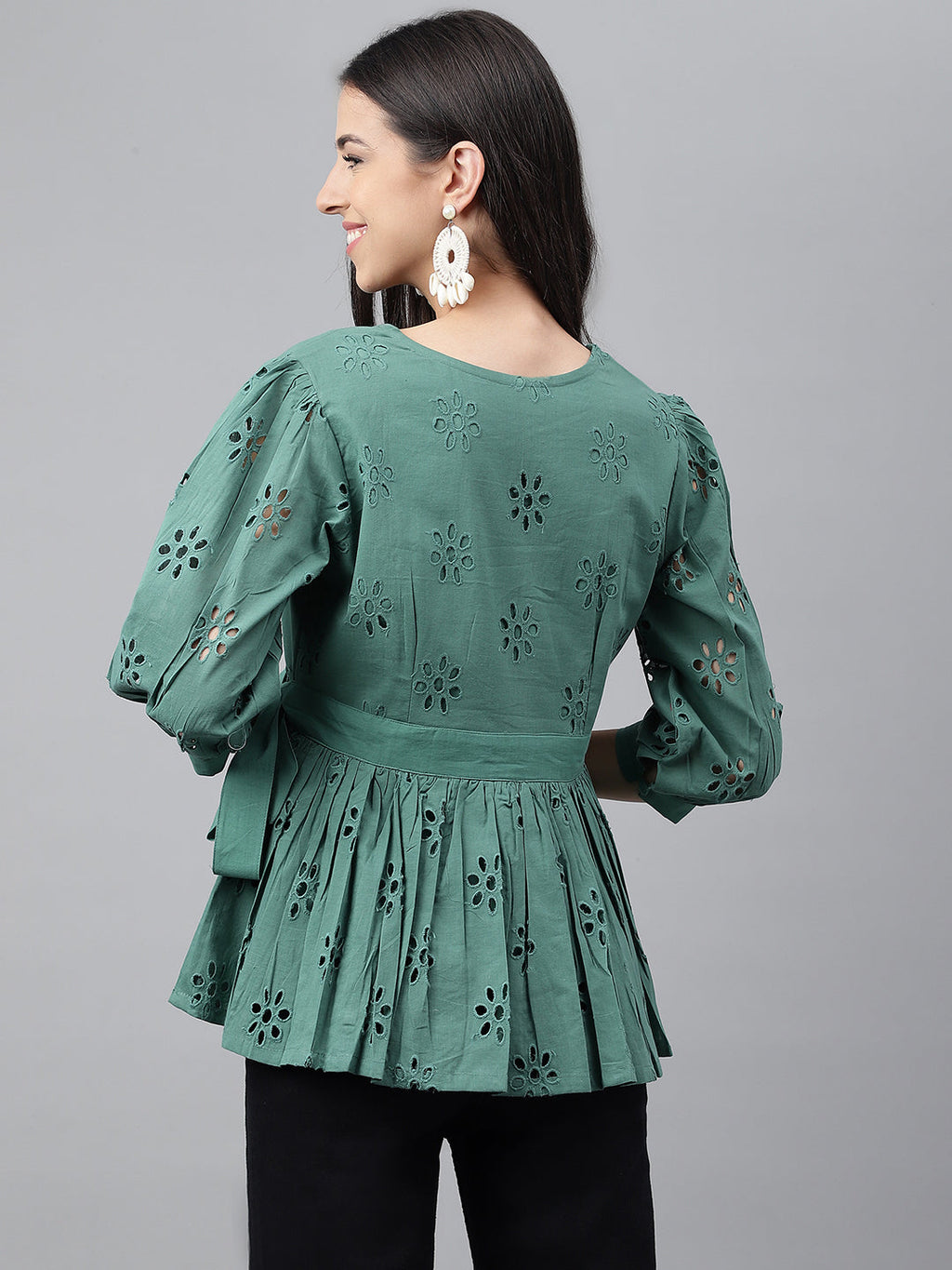 Janasya Women's Green Cotton Schiffli Casual Peplum Top