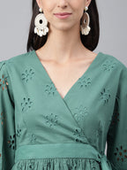Janasya Women's Green Cotton Schiffli Casual Peplum Top