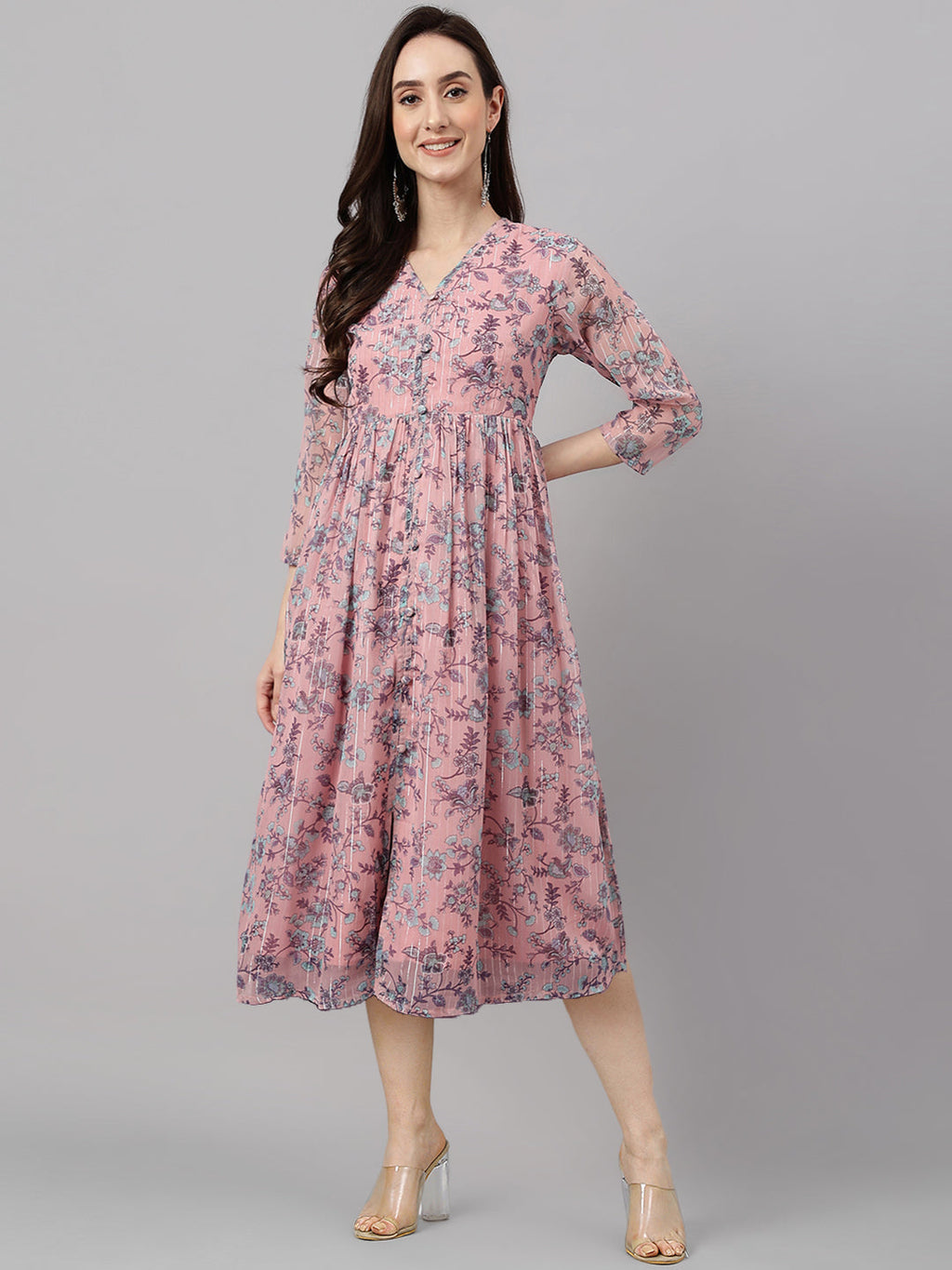 Janasya Women's Pink Chiffon Lurex Floral Printed Flared Casual Dress - Distacart