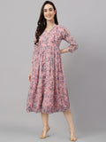 Janasya Women's Pink Chiffon Lurex Floral Printed Flared Casual Dress - Distacart