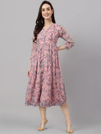 Janasya Women's Pink Chiffon Lurex Floral Printed Flared Casual Dress - Distacart