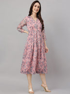 Janasya Women's Pink Chiffon Lurex Floral Printed Flared Casual Dress - Distacart