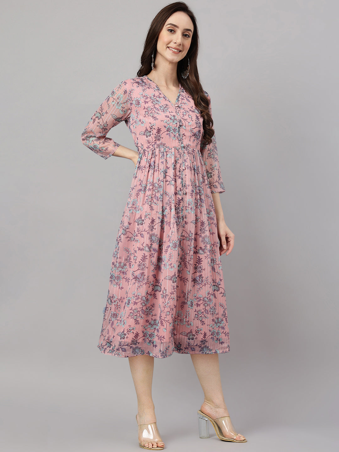 Janasya Women's Pink Chiffon Lurex Floral Printed Flared Casual Dress - Distacart