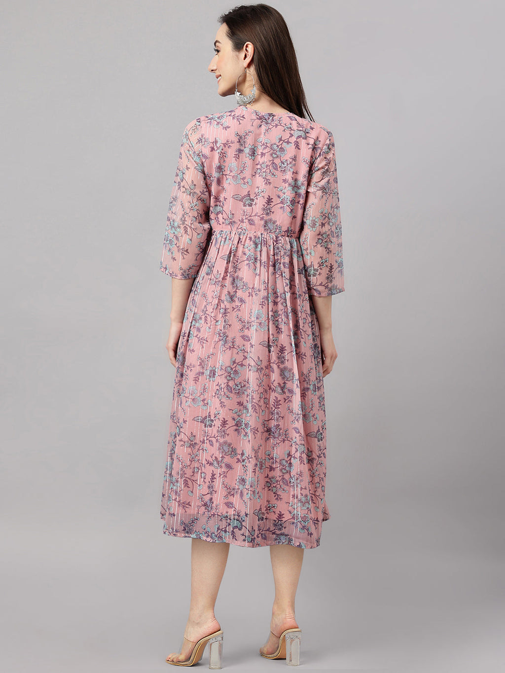 Janasya Women's Pink Chiffon Lurex Floral Printed Flared Casual Dress - Distacart