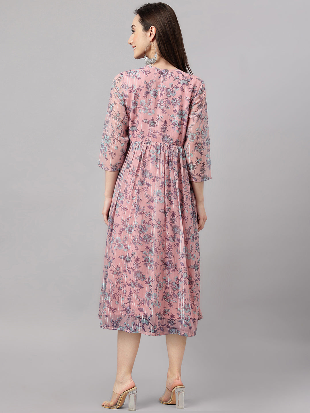 Janasya Women's Pink Chiffon Lurex Floral Printed Flared Casual Dress - Distacart
