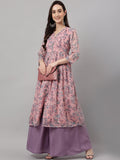 Janasya Women's Pink Chiffon Lurex Floral Printed Casual Flared Kurta
