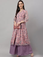 Janasya Women's Pink Chiffon Lurex Floral Printed Casual Flared Kurta