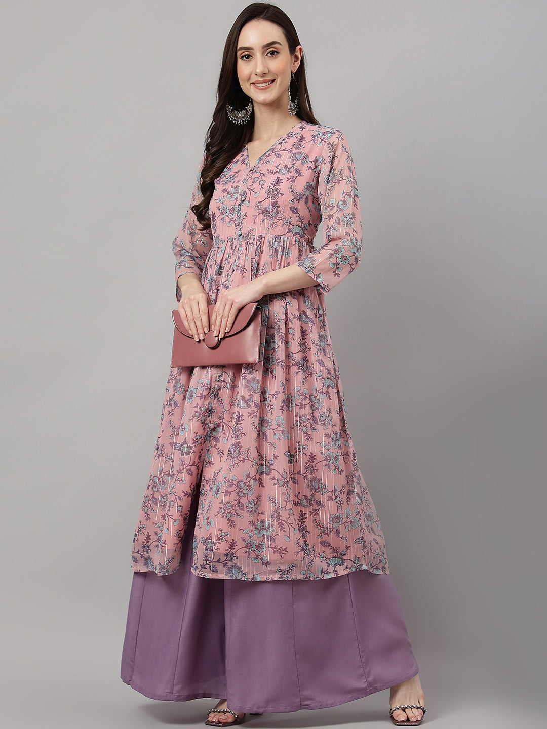Janasya Women's Pink Chiffon Lurex Floral Printed Casual Flared Kurta