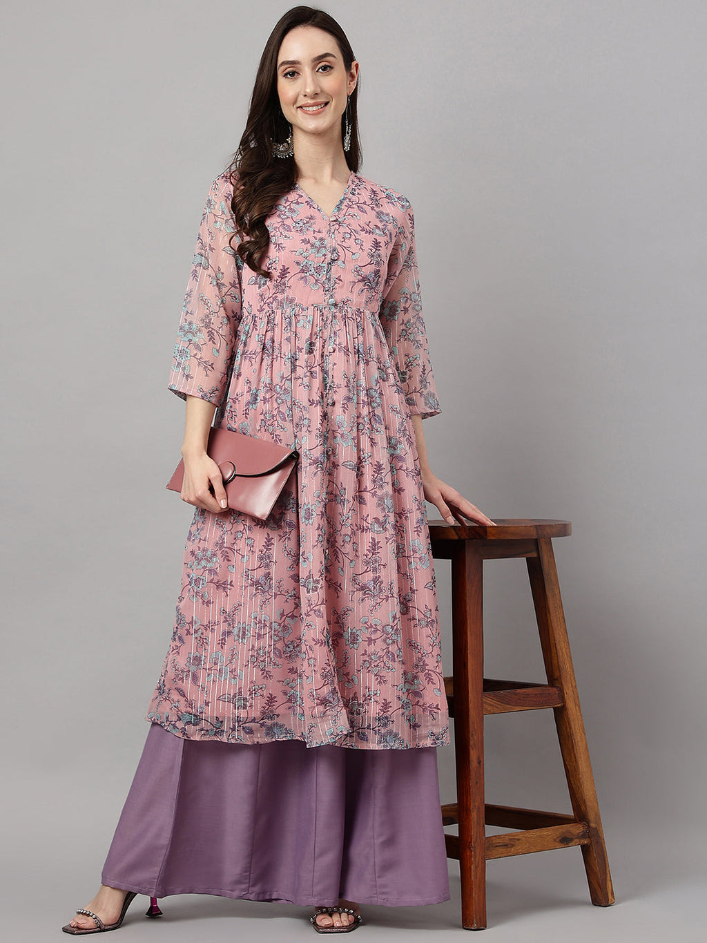 Janasya Women's Pink Chiffon Lurex Floral Printed Casual Flared Kurta