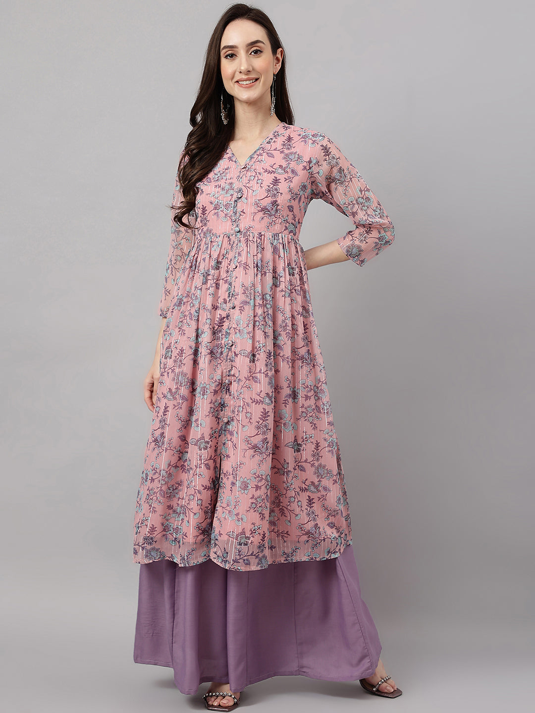 Janasya Women's Pink Chiffon Lurex Floral Printed Casual Flared Kurta