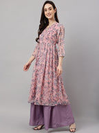 Janasya Women's Pink Chiffon Lurex Floral Printed Casual Flared Kurta