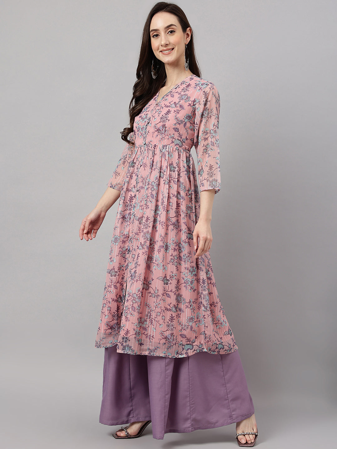 Janasya Women's Pink Chiffon Lurex Floral Printed Casual Flared Kurta