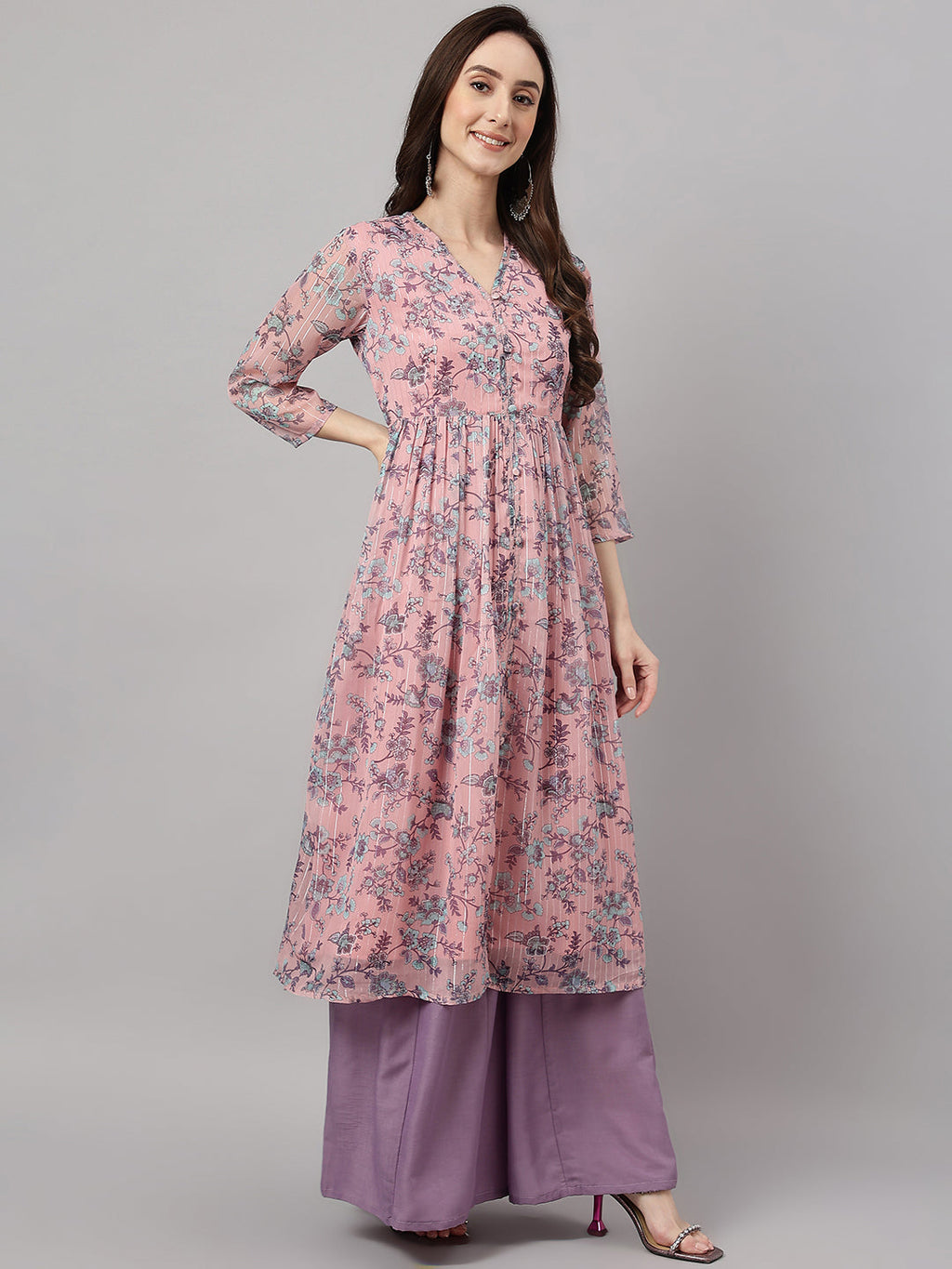 Janasya Women's Pink Chiffon Lurex Floral Printed Casual Flared Kurta