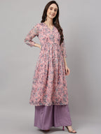 Janasya Women's Pink Chiffon Lurex Floral Printed Casual Flared Kurta