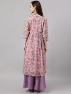 Janasya Women's Pink Chiffon Lurex Floral Printed Casual Flared Kurta