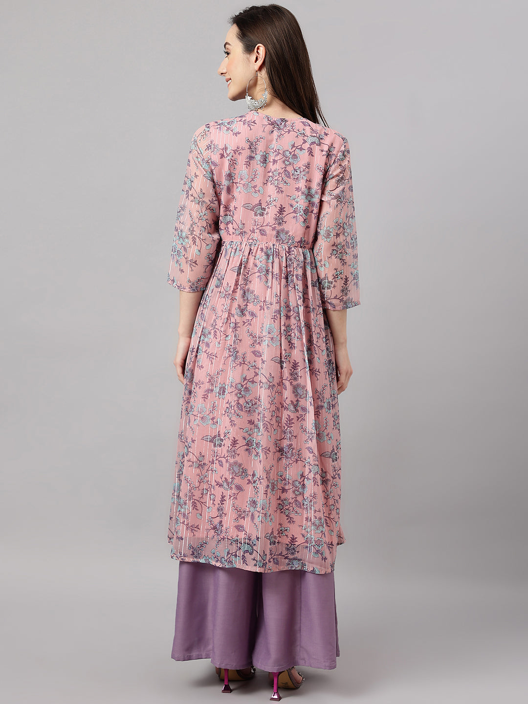 Janasya Women's Pink Chiffon Lurex Floral Printed Casual Flared Kurta