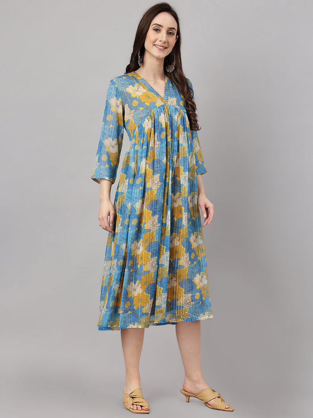 Janasya Women's Yellow Chiffon Lurex Floral Printed Casual flared Kurta
