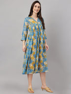 Janasya Women's Yellow Chiffon Lurex Floral Printed Casual flared Kurta