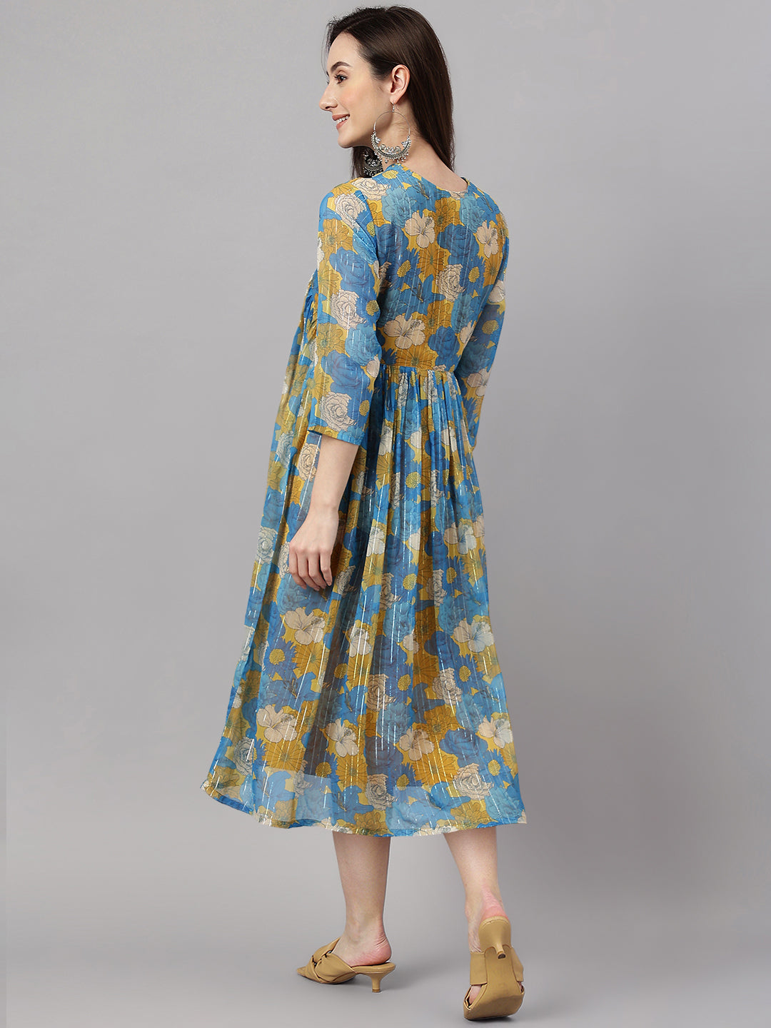 Janasya Women's Yellow Chiffon Lurex Floral Printed Casual flared Kurta