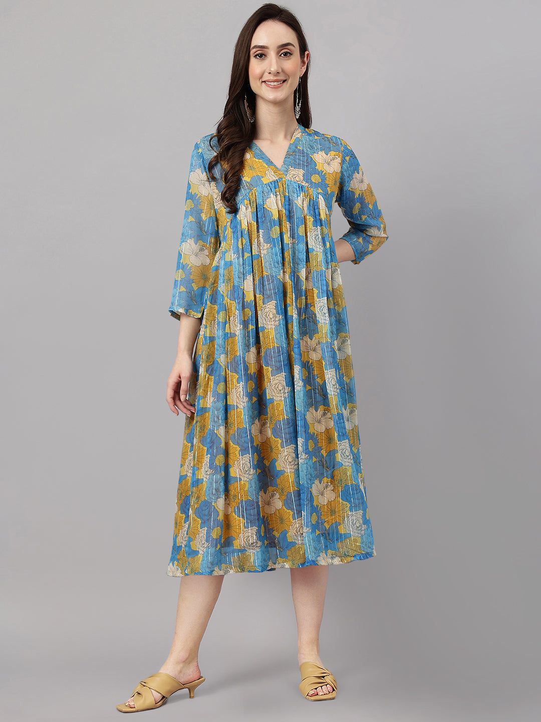 Janasya Women's Yellow Chiffon Lurex Floral Printed Casual flared Kurta