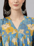 Janasya Women's Yellow Chiffon Lurex Floral Printed Flared Casual Dress - Distacart