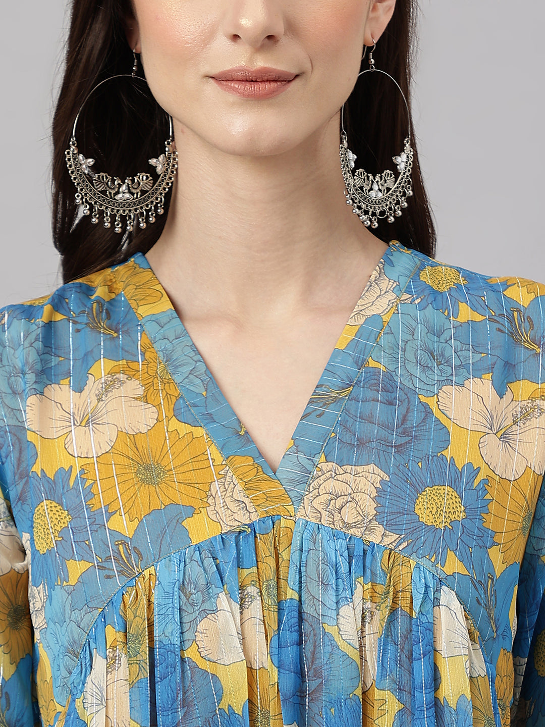 Janasya Women's Yellow Chiffon Lurex Floral Printed Casual flared Kurta