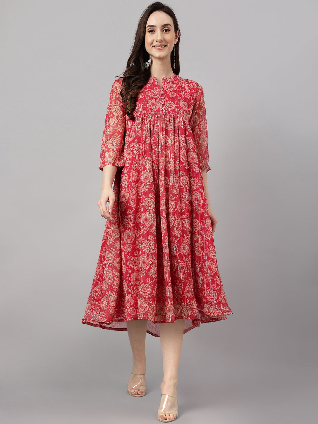 Janasya Women's Dark Pink Chiffon Lurex Floral Printed Flared Casual Dress - Distacart