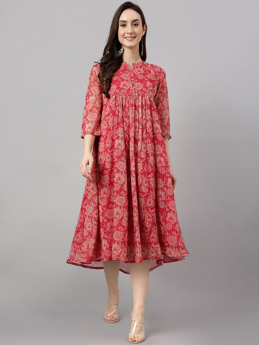Janasya Dark Pink Chiffon Lurex Floral Printed Flared Kurta - Distacart