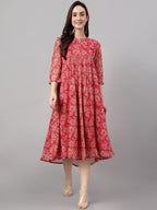 Janasya Dark Pink Chiffon Lurex Floral Printed Flared Kurta - Distacart