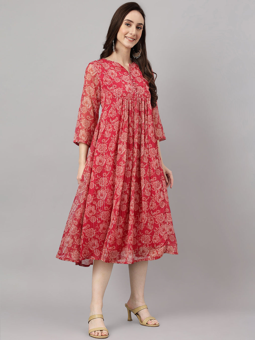 Janasya Dark Pink Chiffon Lurex Floral Printed Flared Kurta - Distacart
